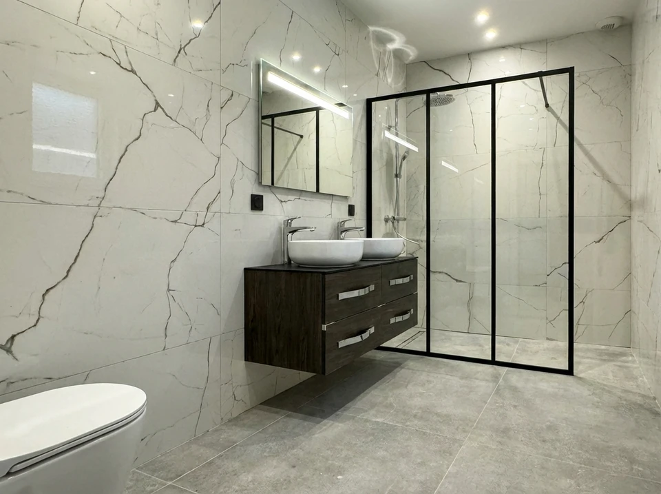 Un homme en vêtement de travail blanc avec logo vert installe une pomme de douche dans une cabine de douche moderne